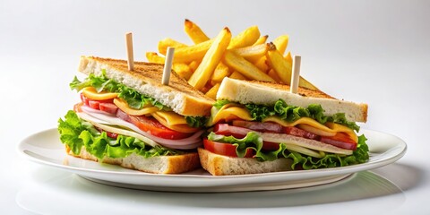 Surreal Club Sandwich & Fries: Dreamy Food Photography, Whimsical Plate, White Background