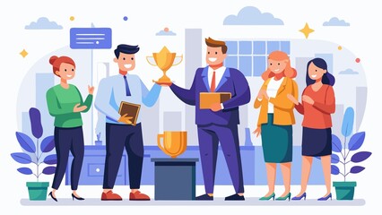 A group of people are standing around a table with a trophy on it