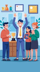 A group of people are celebrating a victory, with one man holding a trophy