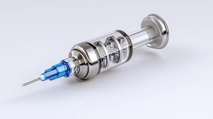 A photostock of a medical syringe with a clear barrel and blue needle on a white background, emphasizing precision and cleanliness. High Quality