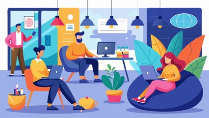 A group of people are working in a room with a potted plant and a blue bean bag