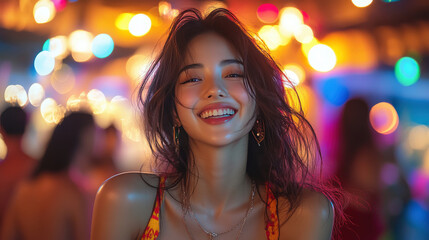 Joyful young woman smiling brightly against a colorful background of circular lights at a vibrant outdoor party or festival during a warm summer evening