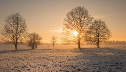  low winter sun, golden hour through frosty trees 