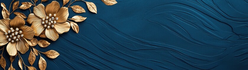 A decorative background featuring elegant golden flowers against a rich blue textured surface.