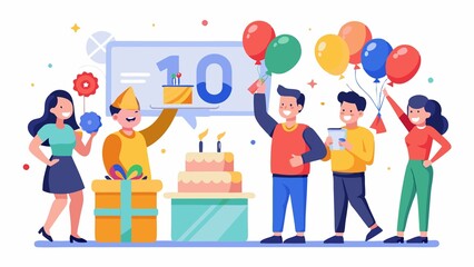 A group of people are celebrating a birthday with a cake and balloons