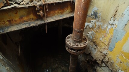 Steel column support failure with water pipe in deteriorating construction site highlighting structural issues and maintenance concerns.