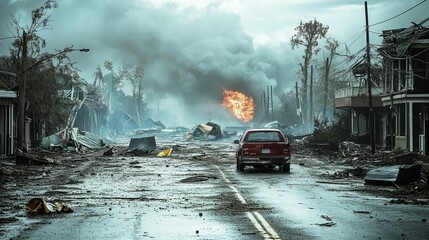 Flooded street, ravaged buildings, fire, vehicle.