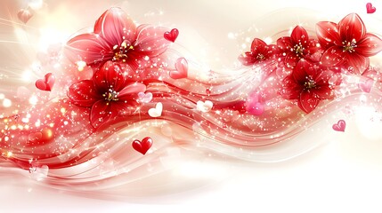 Romantic Red Floral Wave: A mesmerizing illustration of red flowers gracefully flowing along a wavy line, adorned with sparkling hearts, creating a romantic and enchanting atmosphere.