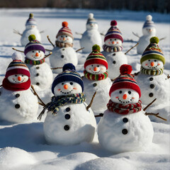 A charming group of small snowmen forms a mini snowman army