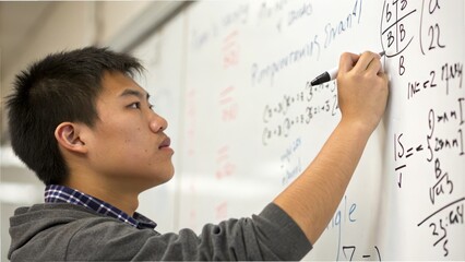 Focused student solving math problems on whiteboard in classroom setting