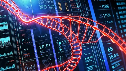 Video footage of red DNA strand is superimposed over financial data charts, blending genetics with stock market analytics, symbolizing the intersection of biotechnology and finance - Powered by Adobe