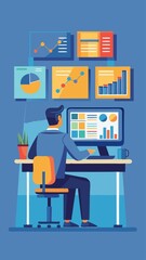 A man is sitting at a desk with a computer monitor and a cup of coffee