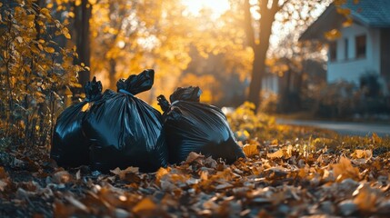 Autumn yard cleanup with black garbage bags filled with leaves and debris in a serene garden setting during golden hour sunlight