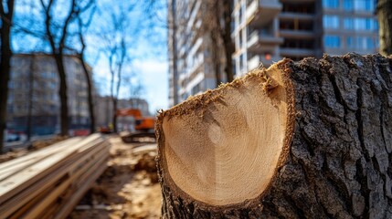 Tree stump in urban construction site illustrating deforestation for multi-storey building project with machinery in background and clear sky