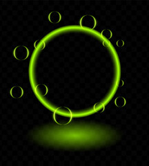 Green neon magic ring effect. Glowing circular frame vibrant neon light, floating translucent orbs, soap bubbles, wallpaper, futuristic, tech-inspired, or decorative designs.