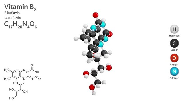 Riboflavin or B2 vitamin. Animated 3d model of molecule. Molecular formula: C17H20N4O6. Chemical model: Ball and Stick. White background. 3D rendering. Seamless loop.