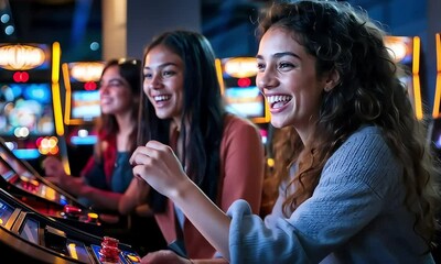 Young people enjoying arcade gaming experience with vibrant neon lights and electronic entertainment machines