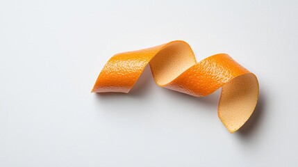 A photostock of a single bright orange peel curl on a white background, capturing its vibrant color and fresh texture. High Quality