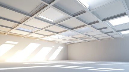 Obraz premium Modern gypsum board ceiling installation featuring skylights in spacious construction site with natural light streaming through.