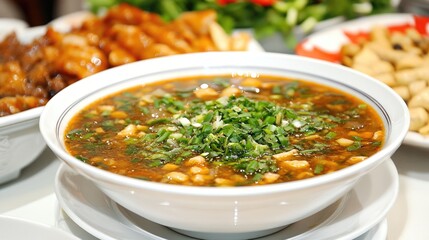 Delicious bowl of spicy hot pot soup garnished with fresh herbs served in an inviting dining setting with assorted dishes in the background