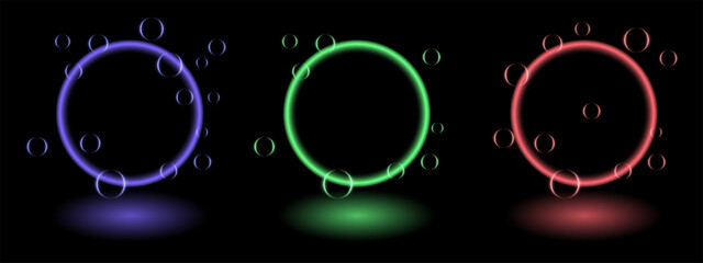 Neon ring effect set. Glowing circular frames in blue, green, and red neon lights, surrounded by translucent orbs, creating a futuristic and dynamic design suitable for tech, gaming, abstract themes.
