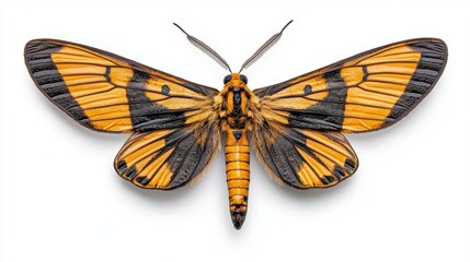 Obraz premium A photostock of a single moth with intricately detailed wings resting on a clean white background, emphasizing natural beauty. High Quality