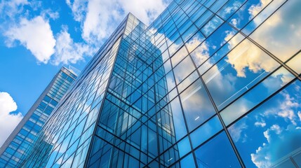 Fototapeta premium Modern Glass Skyscrapers Reflecting Blue Sky and Clouds