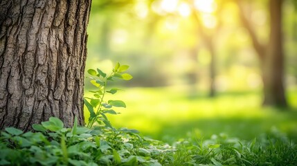 Obraz premium Springtime Serenity in Green Meadow with Soft Focus on Tree Trunk and Fresh Grass Symbolizing New Life in Nature
