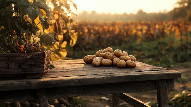 Harvested potatoes on rustic wooden table in golden hour sunlight with farm field backdrop showcasing rural agricultural life.
