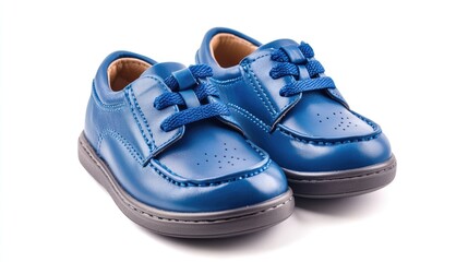 New pair of kids blue leather shoes displayed on white background suitable for children's footwear advertisement or fashion catalog