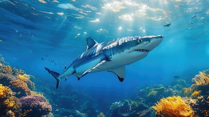 Fototapeta premium The deep sea with a shark swimming in it.