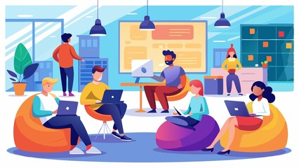 A group of people are sitting in chairs and working on their laptops