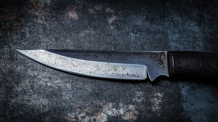 Professional kitchen knife blade close-up on dark textured background showcasing craftsmanship and utility in culinary arts.