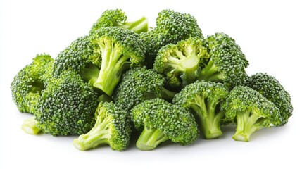 Fresh green broccoli florets arranged artfully on a clean white background showcasing vibrant healthy vegetables for culinary designs.