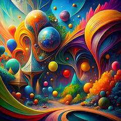 Abstract and surreal art using bold, vibrant colors and dynamic shapes