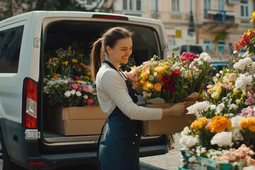 Beautiful smiling young woman florist in apron loading van with different flowers outside flower shop ready for delivery.