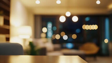 Cozy blurred living room background with bokeh lights creating a warm and inviting ambiance for interior design and decor projects