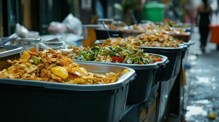 Fototapeta premium Various prepared foods in containers, street market.