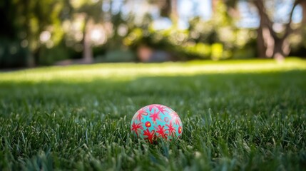 Naklejka premium Colorful Easter egg resting on lush green lawn surrounded by vibrant outdoor scenery during springtime celebration.