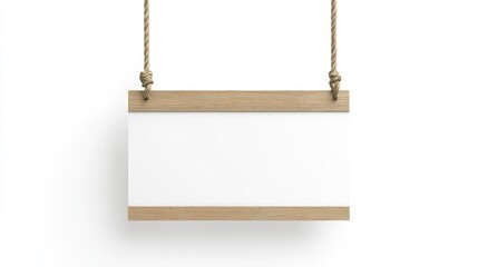 Hanging wooden signboard with blank white space on isolated background for customizable signage or advertising purposes