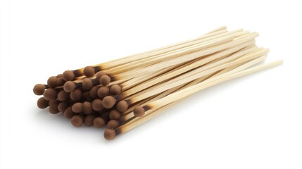 Close-up of a clustered group of wooden matches with brown tips on a clean white background for various creative and marketing uses.