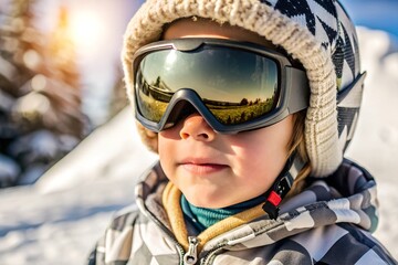 Close-up of a child wearing reflective ski goggles and a warm winter hat in a snowy environment. The sunlight reflects mountains and trees in the goggles.