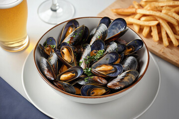 Belgian mussels with fries and beer outdoors