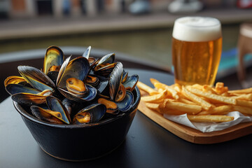 Belgian mussels with fries and beer outdoors