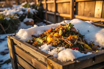 A wooden compost bin filled with food scraps, covered with snow in a sunny backyard garden. Highlights sustainable composting during winter with vibrant food waste colors.