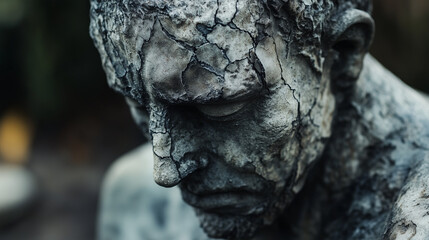 Figura mężczyzny z uszkodzoną twarzą, pełna dramatycznych detali i charakterystycznych pęknięć.