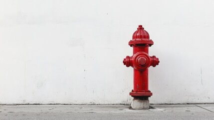 Red fire hydrant standing alone against a clean white wall in an urban setting showcasing safety and infrastructure elements.