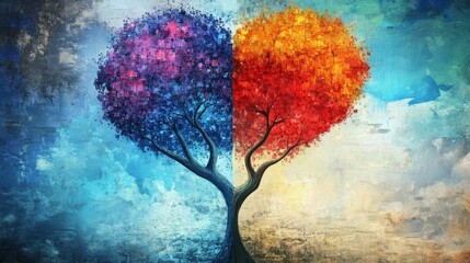 Abstract tree, dual-toned foliage, textured background.