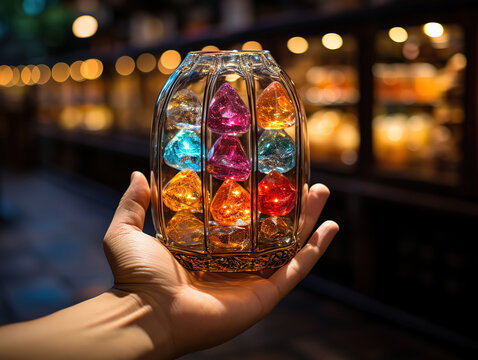 Crystal globe in hand with global currency symbols Dollar, Yen, Euro, Pound Sterling, Rupee - Powered by Adobe