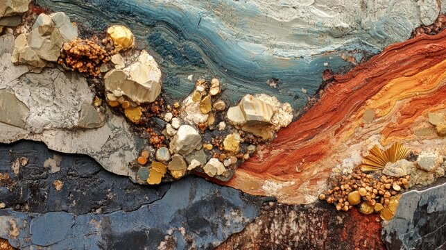Textural composition of tar sands tailings showcasing rich mineral deposits and vibrant layers in an abstract geological landscape